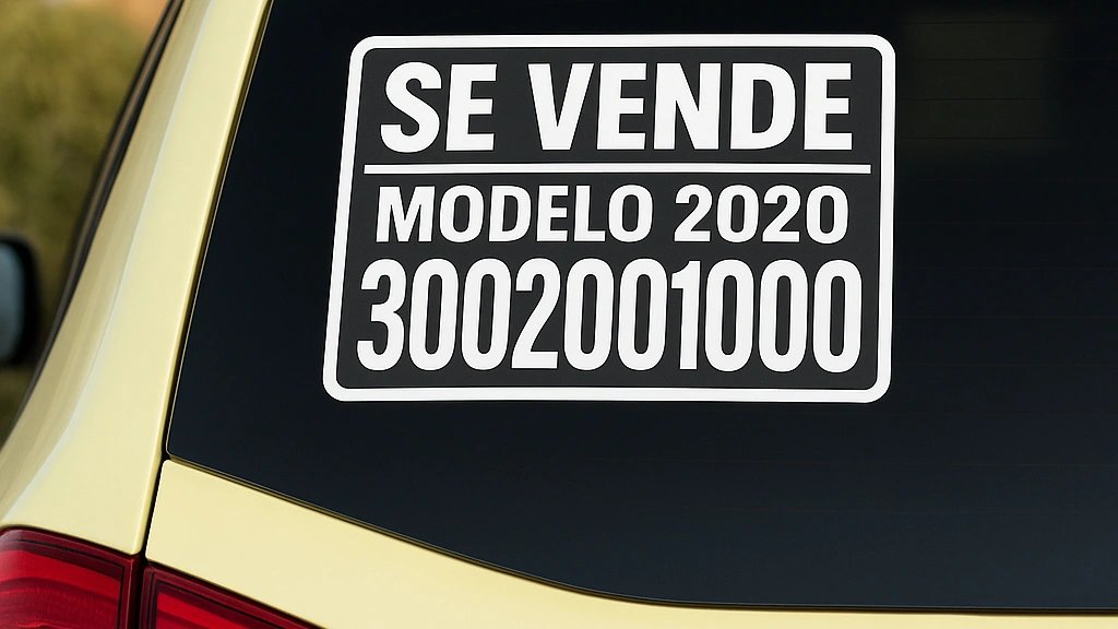 Luna trasera de un auto con un cartel de 'Se vende' que muestra el modelo y un número de teléfono